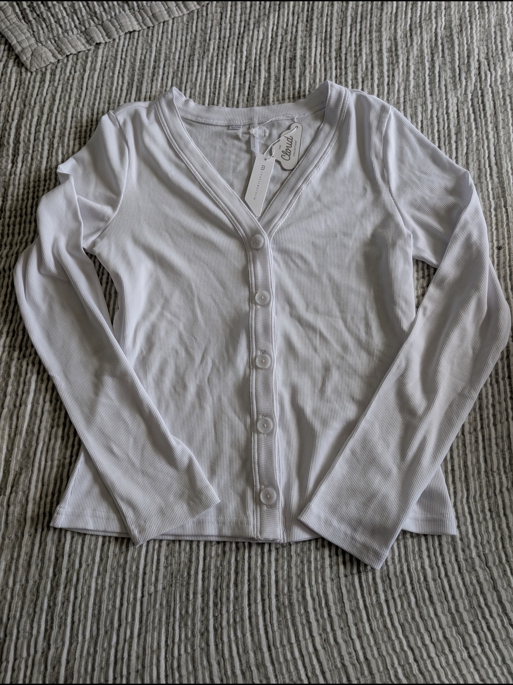 Travis Mathew White Ribbed Button-Front Long Sleeve Cardigan